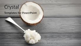  Presentation with coconut oil - PPT theme enhanced with metal spoon with fresh coconut oil on grey wooden background background and a soft green colored foreground