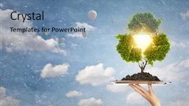  Presentation with banquet server hand tray - PPT theme consisting of metal tray with recycle concept background and a seafoam green colored foreground