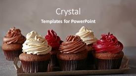  Presentation with cupcakes - Slide set featuring metal tray with tasty chocolate cupcakes on dark textured table background and a gray colored foreground