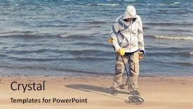  Presentation with metal detector - Beautiful PPT theme featuring metal using a metal detector backdrop and a coral colored foreground