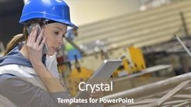  Presentation with factory - Slide deck consisting of metal worker - woman in factory talking background and a coral colored foreground