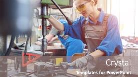  Presentation with drilling machine - Slides featuring metal-worker-woman-operating-drilling background and a coral colored foreground