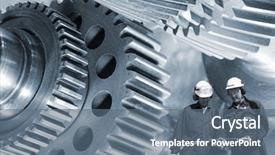  Presentation with machinery - Presentation theme consisting of metal-workers with giant gear background and a ocean colored foreground