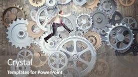  Presentation with metal - PPT layouts enhanced with metalic gears - businessman jump over 3d metal background and a gray colored foreground