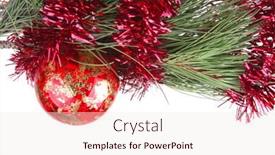  Presentation with fir tree - Cool new slides with metallic christmas holiday toys with shiny red garland on fir tree twig isolated over white background backdrop and a sky blue colored foreground