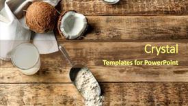  Presentation with organic coconut yogurt in wooden - Presentation design having metallic free - metal scoop with coconut flour background and a tawny brown colored foreground