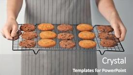  Presentation with soft oatmeal cookies - Theme consisting of metallic free - woman holding metal grid background and a  colored foreground