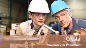  Presentation with teaching - Slides having metallic glasses - metal worker teaching trainee background and a coral colored foreground