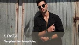  Presentation with man door - Cool new PPT theme with metallic glasses - portrait of casual man backdrop and a gray colored foreground