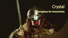  Presentation with sword shield - Slide deck having metallic helmet and animal skin background and a wine colored foreground