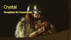  Presentation with sword shield - Audience pleasing PPT theme consisting of metallic helmet and animal skin backdrop and a wine colored foreground