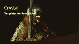  Presentation with sword shield - PPT theme consisting of metallic helmet and animal skin background and a wine colored foreground