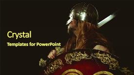  Presentation with sword shield - Slide deck with metallic helmet and animal skin background and a wine colored foreground