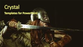  Presentation with sword shield - Colorful PPT theme enhanced with metallic helmet and animal skin backdrop and a wine colored foreground