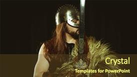  Presentation with sword shield - PPT layouts having metallic helmet and animal skin background and a tawny brown colored foreground