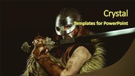  Presentation with sword shield - Cool new PPT layouts with metallic helmet and animal skin backdrop and a wine colored foreground