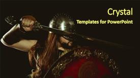  Presentation with sword shield - Beautiful slide deck featuring metallic helmet and animal skin backdrop and a wine colored foreground