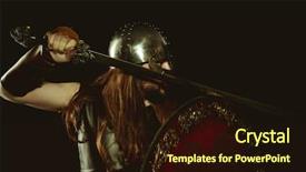  Presentation with sword shield - Colorful slide set enhanced with metallic helmet and animal skin backdrop and a wine colored foreground