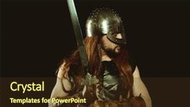  Presentation with sword shield - Slide deck having metallic helmet and animal skin background and a tawny brown colored foreground