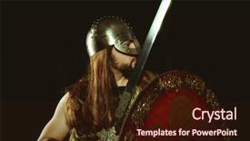  Presentation with sword shield - Audience pleasing PPT theme consisting of metallic helmet and animal skin backdrop and a wine colored foreground