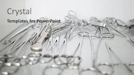  Presentation with surgical - Slide set enhanced with metallic surgical equipment in veterinary background and a light gray colored foreground