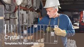  Presentation with foundry - Slides featuring metallurgical - experienced senior man as worker background and a violet colored foreground