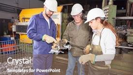  Presentation with foundry - Slide deck consisting of metallurgical - foundry team working in cooperation background and a violet colored foreground