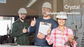  Presentation with metallurgy - Presentation theme enhanced with metallurgical - successful team of metalworkers holding background and a violet colored foreground