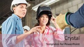  Presentation with metallurgy - Amazing PPT theme having metallurgical - two women as welder backdrop and a coral colored foreground
