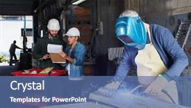  Presentation with metallurgy - Colorful slides enhanced with metallurgical - welder worker metalworking using protective backdrop and a ocean colored foreground