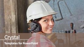  Presentation with worker safety - Slide set featuring metallurgical - woman as worker apprentice background and a violet colored foreground