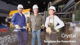  Presentation with foundry - Colorful slide set enhanced with metallurgical - workers as foundry factory team backdrop and a violet colored foreground