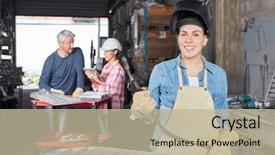  Presentation with metallurgy - Amazing PPT theme having metallurgical - young woman as apprenticeship trainee backdrop and a mint green colored foreground