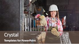  Presentation with metallurgy - Cool new presentation theme with metallurgical - young woman as metalworker backdrop and a violet colored foreground