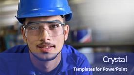  Presentation with metallurgy - Theme featuring metallurgy - portrait of young metalwork trainee background and a ocean colored foreground