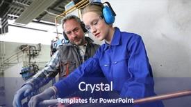  Presentation with professional training - Colorful presentation enhanced with metallurgy - young woman in professional training backdrop and a navy blue colored foreground