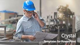  Presentation with metallurgy - PPT theme consisting of metallurgy engineer talking on phone background and a dark gray colored foreground