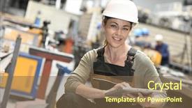  Presentation with metallurgy - Beautiful presentation theme featuring metallurgy engineering - engineer woman in warehouse checking backdrop and a violet colored foreground