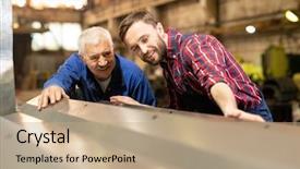  Presentation with metallurgy - Cool new slides with metallurgy engineering - young and elderly engineers backdrop and a coral colored foreground