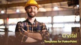  Presentation with service technician - Presentation design enhanced with metallurgy engineering - young attractive bearded repair service background and a tawny brown colored foreground