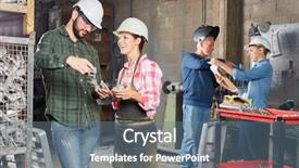  Presentation with construction - Colorful presentation theme enhanced with metallurgy welding engineering - metal construction operation with craftsmen backdrop and a  colored foreground