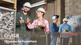  Presentation with factory workers - Beautiful theme featuring metallurgy welding engineering - two young workers in factory backdrop and a gray colored foreground