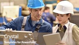  Presentation with using digital tablet - Cool new PPT layouts with metallurgy workers in workshop using backdrop and a coral colored foreground