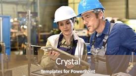  Presentation with metallurgy - PPT theme with metallurgy workers in workshop using background and a coral colored foreground