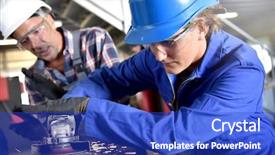  Presentation with education and training - PPT theme enhanced with metalwork student girl training background and a cobalt blue colored foreground
