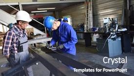  Presentation with information security training - Presentation theme having metalwork student training in workshop background and a ocean colored foreground