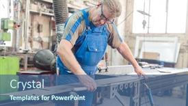  Presentation with erasmus project - PPT layouts featuring metalworker-man-in-his-workshop background and a ocean colored foreground