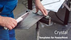  Presentation with steel - Cool new PPT layouts with metalworker-measuring-a-strip backdrop and a dark gray colored foreground