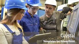  Presentation with electronic security - Beautiful PPT theme featuring metalworker with training people using backdrop and a tawny brown colored foreground