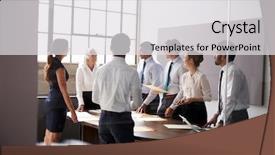  Presentation with team meeting - Slide set enhanced with metas - female manager and business team background and a light gray colored foreground